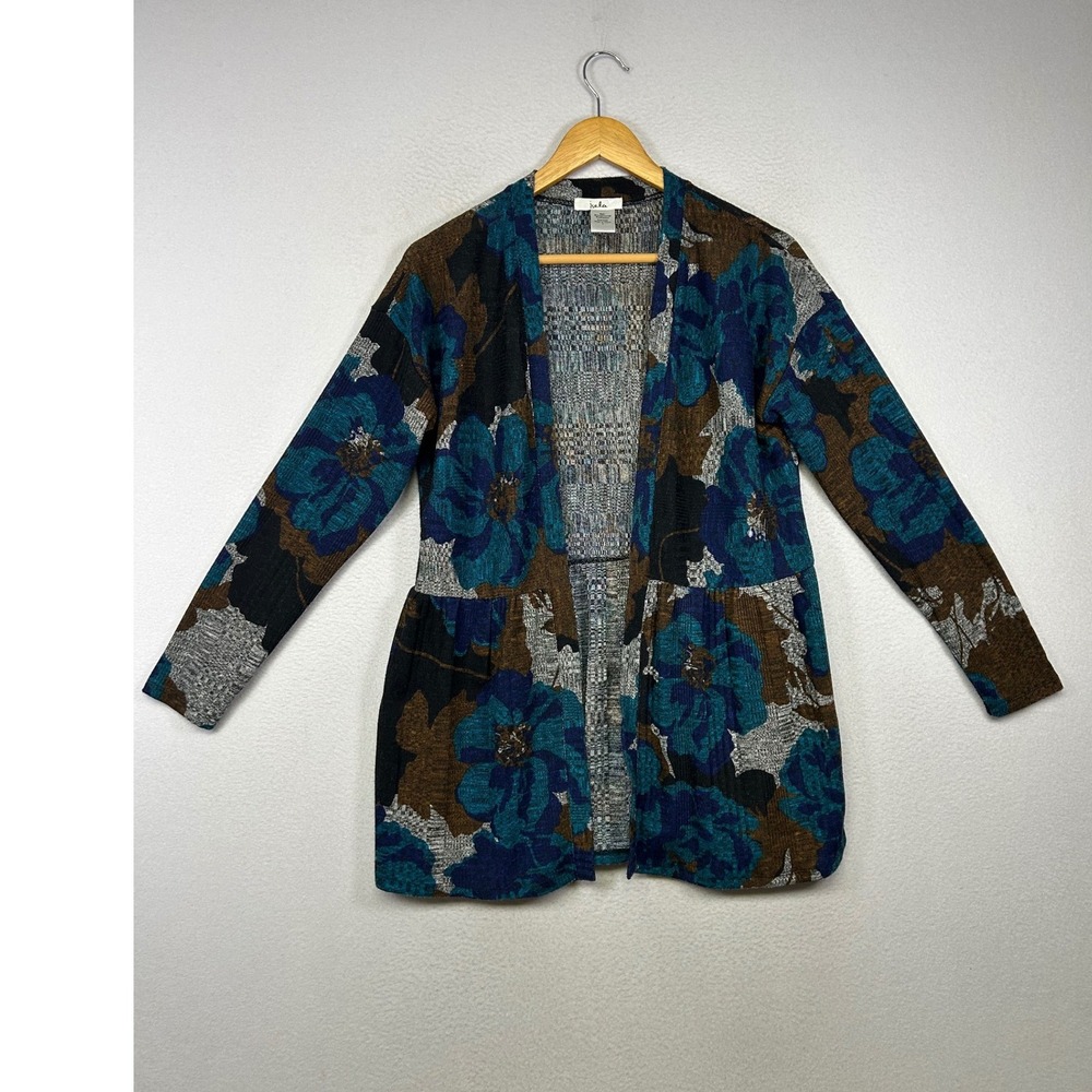 Boho Art To Wear Isela Womens Size S Teal Brown Floral Peplum Open Cardigan